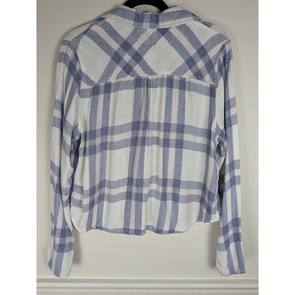 Rails Dylan Crop Top Size L Flannel Blue White Long Sleeve Button Up Pockets - Picture 7 of 10